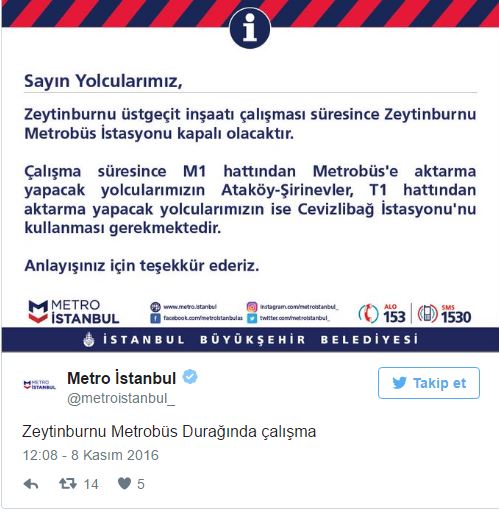 Metrobüs durağı geçici olarak kapatıldı